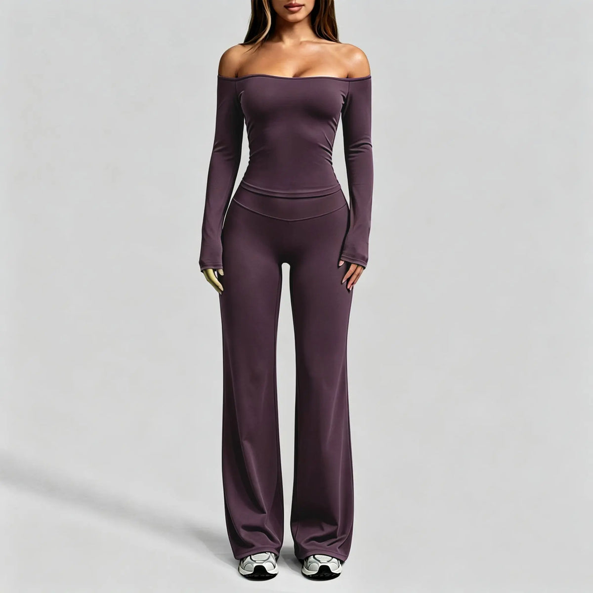 Aoqta Women’S 2-Piece Fitness Gym Set - Quick Dry Off-Shoulder Long-Sleeve Top, Loose High-Waisted Ankle-Length Flare Pants, Women'S Clothes for Workout Activities