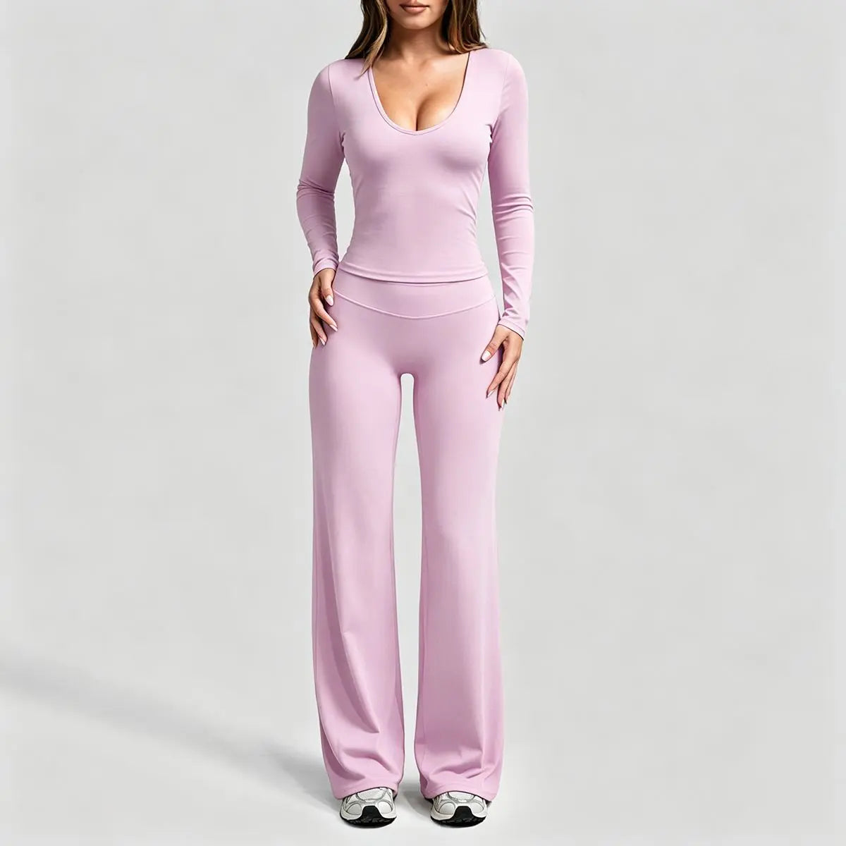 Aoqta Women’S 2-Piece Fitness Gym Set - Quick Dry Off-Shoulder Long-Sleeve Top, Loose High-Waisted Ankle-Length Flare Pants, Women'S Clothes for Workout Activities