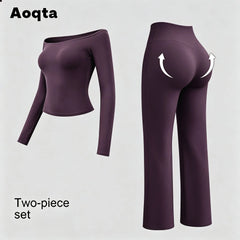 Aoqta Women’S 2-Piece Fitness Gym Set - Quick Dry Off-Shoulder Long-Sleeve Top, Loose High-Waisted Ankle-Length Flare Pants, Women'S Clothes for Workout Activities