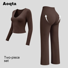 Aoqta Women’S 2-Piece Fitness Gym Set - Quick Dry Off-Shoulder Long-Sleeve Top, Loose High-Waisted Ankle-Length Flare Pants, Women'S Clothes for Workout Activities