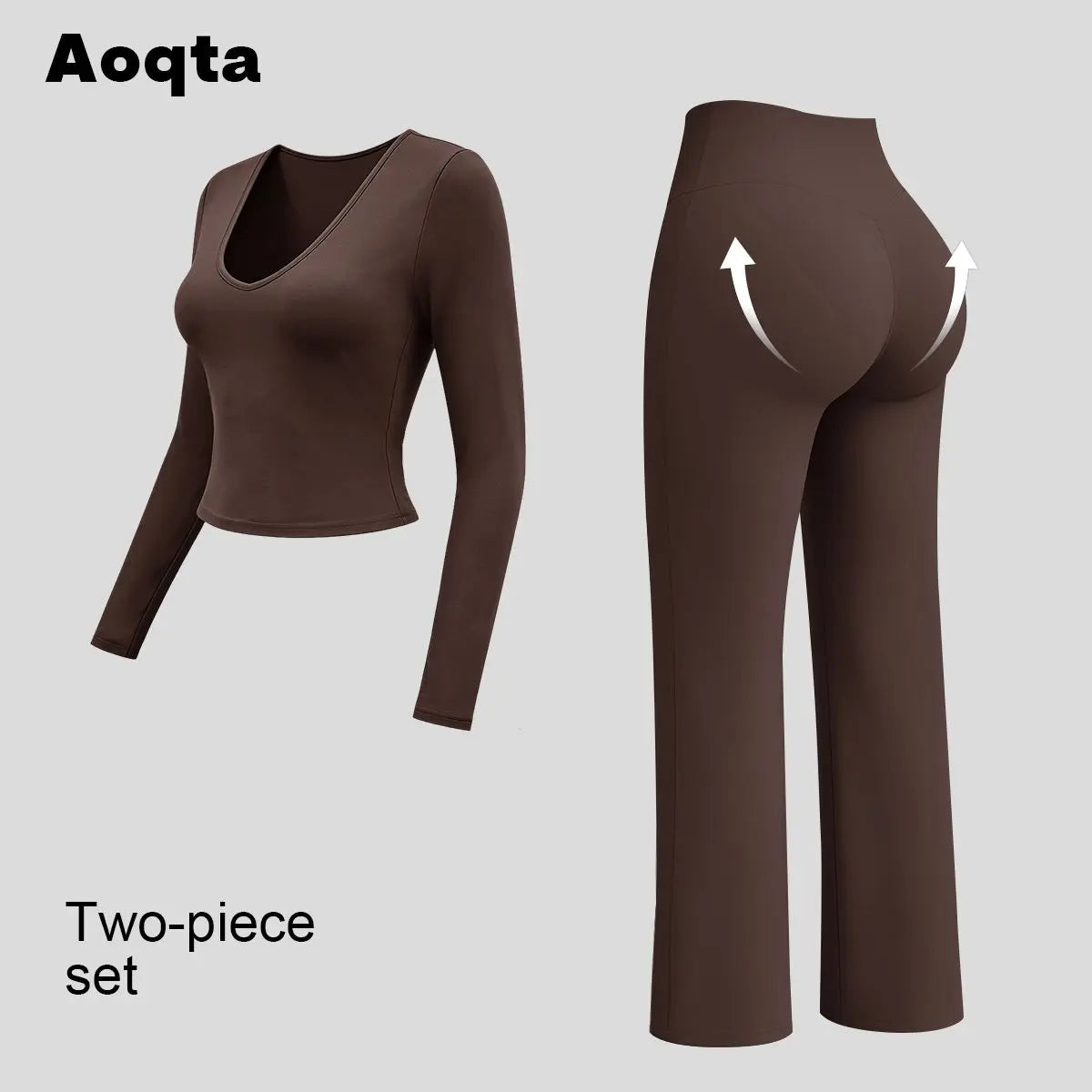 Aoqta Women’S 2-Piece Fitness Gym Set - Quick Dry Off-Shoulder Long-Sleeve Top, Loose High-Waisted Ankle-Length Flare Pants, Women'S Clothes for Workout Activities