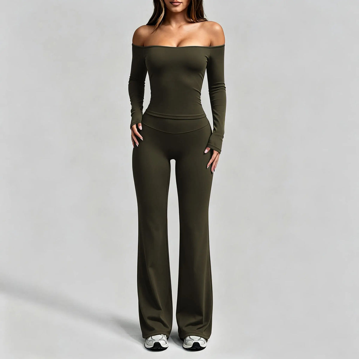 Aoqta Women’S 2-Piece Fitness Gym Set - Quick Dry Off-Shoulder Long-Sleeve Top, Loose High-Waisted Ankle-Length Flare Pants, Women'S Clothes for Workout Activities