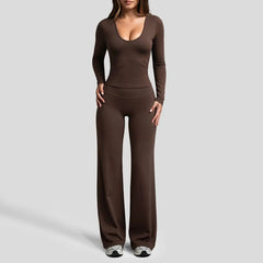 Aoqta Women’S 2-Piece Fitness Gym Set - Quick Dry Off-Shoulder Long-Sleeve Top, Loose High-Waisted Ankle-Length Flare Pants, Women'S Clothes for Workout Activities