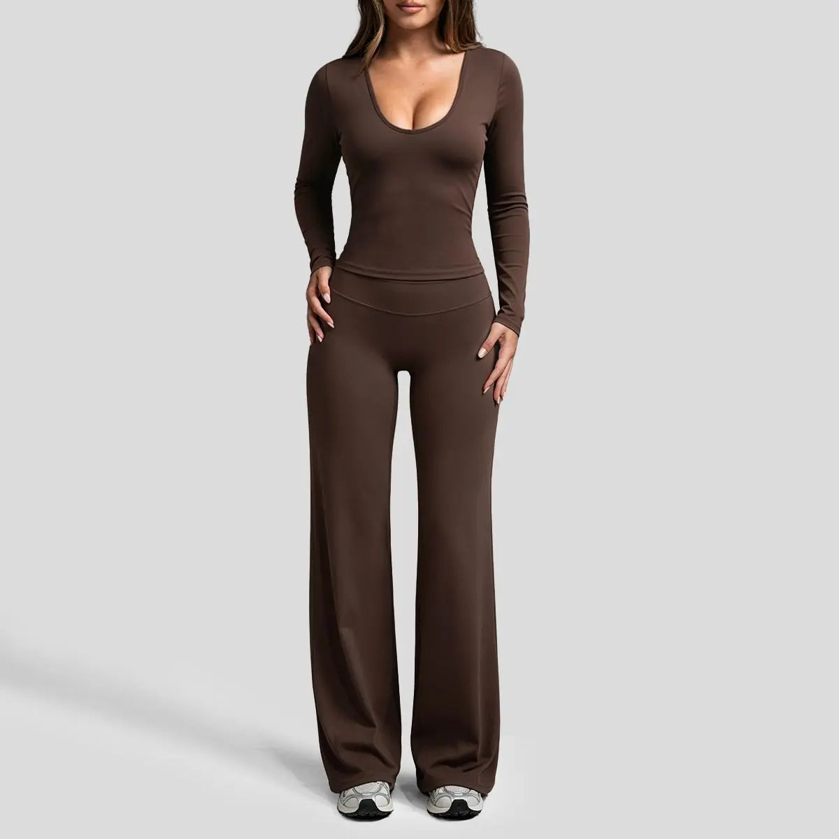 Aoqta Women’S 2-Piece Fitness Gym Set - Quick Dry Off-Shoulder Long-Sleeve Top, Loose High-Waisted Ankle-Length Flare Pants, Women'S Clothes for Workout Activities