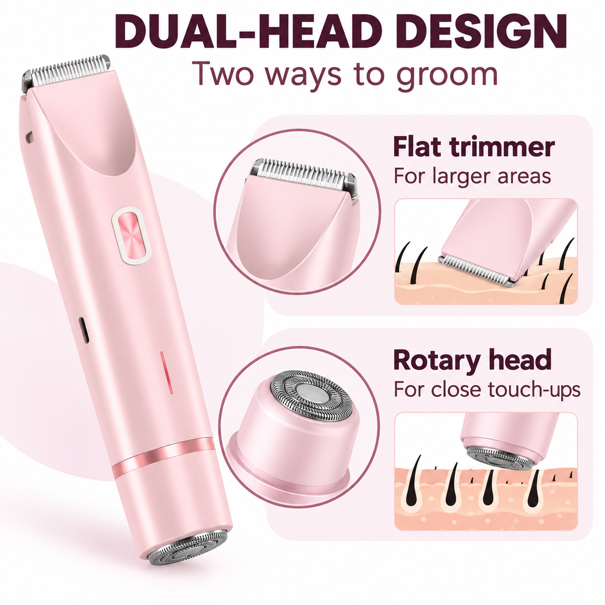 Close-up of the flat trimmer head and the rotary head