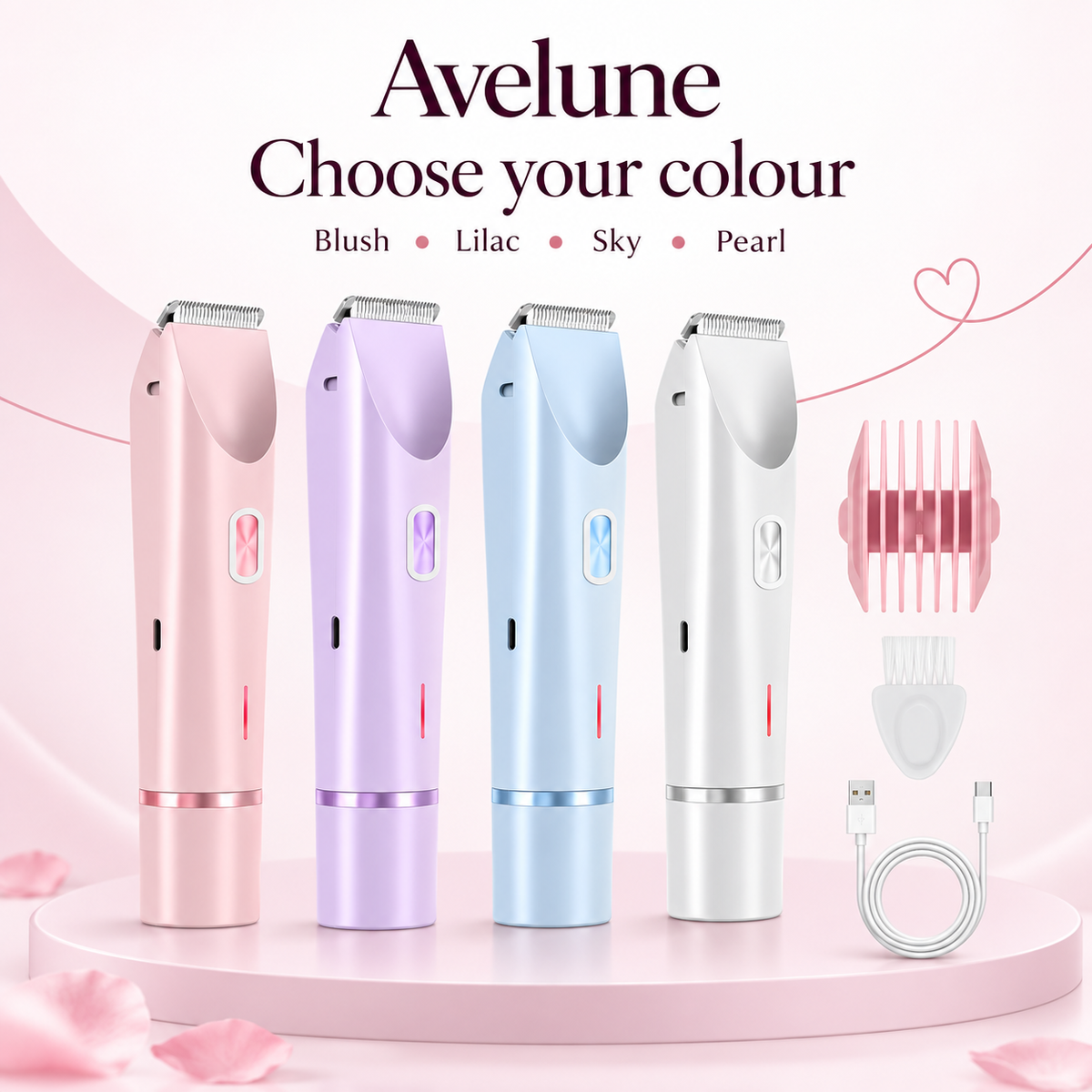The shaver in Blush, Lilac, Sky and Pearl with the comb guide, cleaning brush and USB-C cable