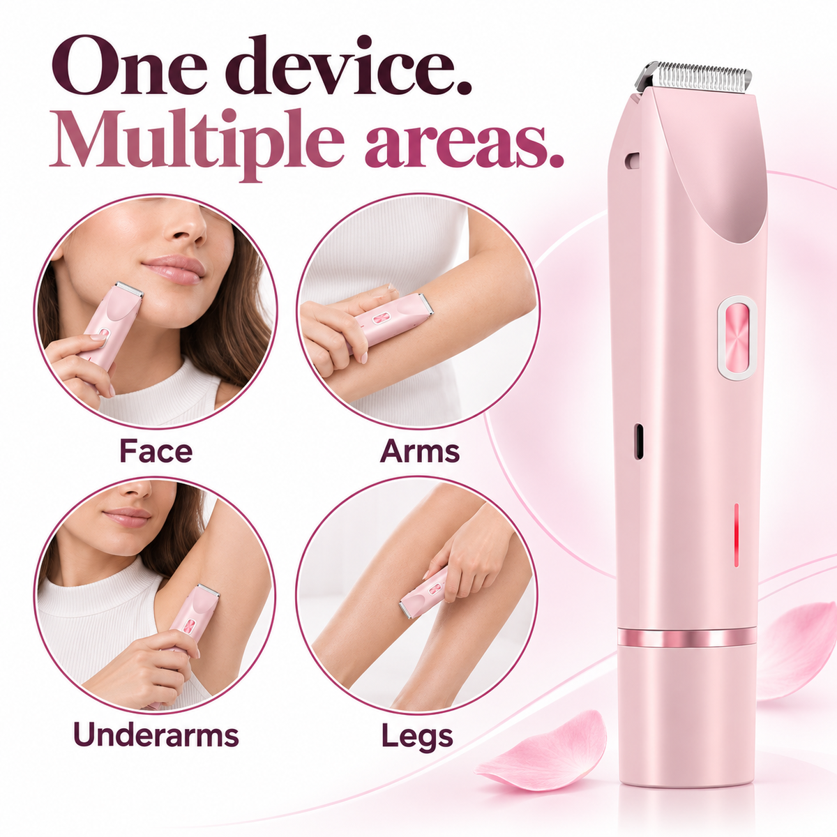 The shaver being used on the face, arms, underarms and legs