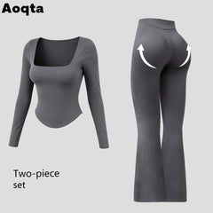 Aoqta Women’S 2-Piece Fitness Gym Set - Quick Dry Off-Shoulder Long-Sleeve Top, Loose High-Waisted Ankle-Length Flare Pants, Women'S Clothes for Workout Activities