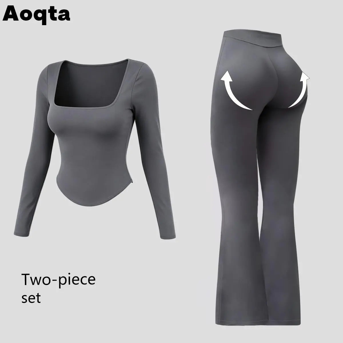 Aoqta Women’S 2-Piece Fitness Gym Set - Quick Dry Off-Shoulder Long-Sleeve Top, Loose High-Waisted Ankle-Length Flare Pants, Women'S Clothes for Workout Activities