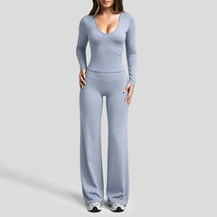 Aoqta Women’S 2-Piece Fitness Gym Set - Quick Dry Off-Shoulder Long-Sleeve Top, Loose High-Waisted Ankle-Length Flare Pants, Women'S Clothes for Workout Activities