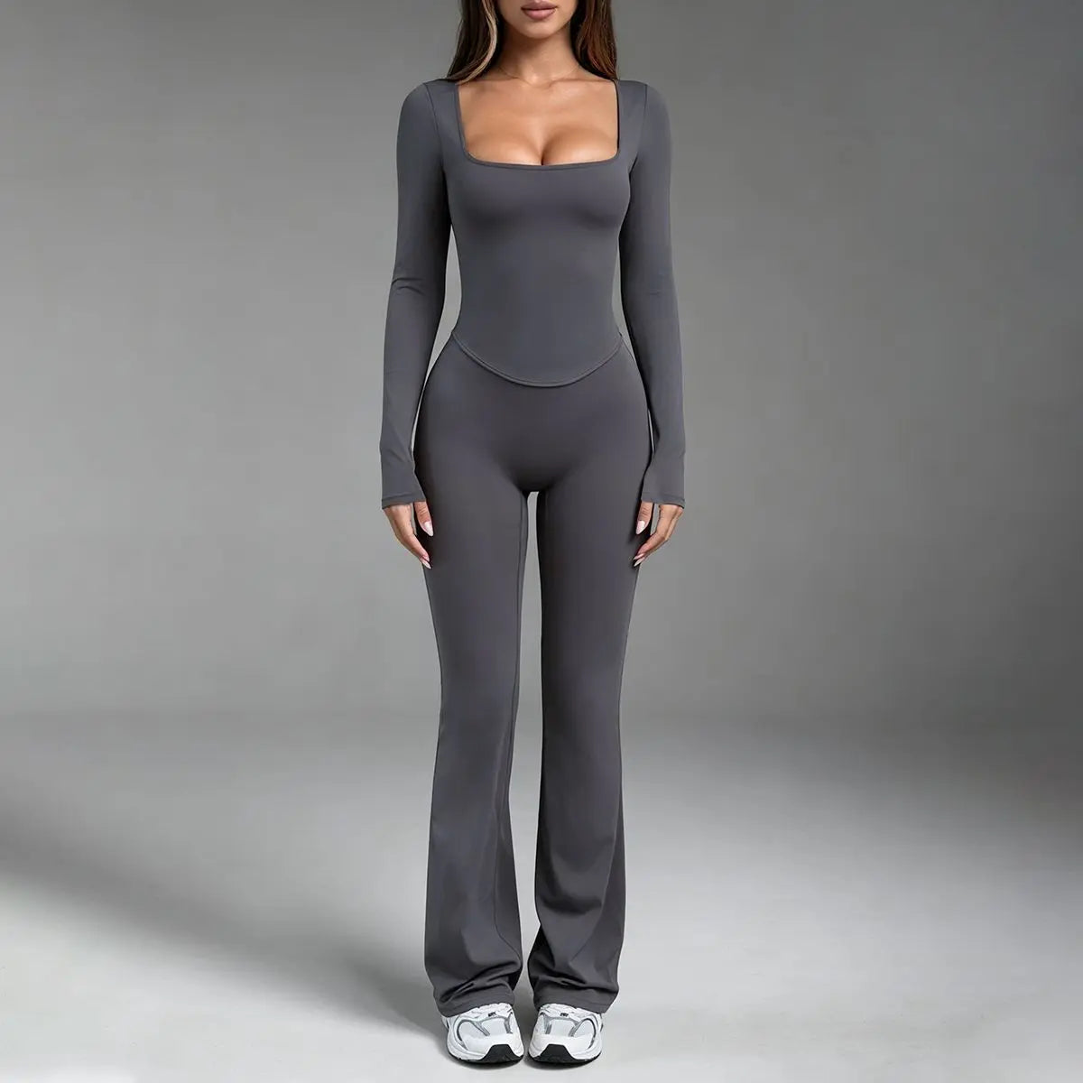 Aoqta Women’S 2-Piece Fitness Gym Set - Quick Dry Off-Shoulder Long-Sleeve Top, Loose High-Waisted Ankle-Length Flare Pants, Women'S Clothes for Workout Activities