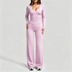 Aoqta Women’S 2-Piece Fitness Gym Set - Quick Dry Off-Shoulder Long-Sleeve Top, Loose High-Waisted Ankle-Length Flare Pants, Women'S Clothes for Workout Activities
