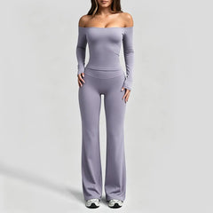 Aoqta Women’S 2-Piece Fitness Gym Set - Quick Dry Off-Shoulder Long-Sleeve Top, Loose High-Waisted Ankle-Length Flare Pants, Women'S Clothes for Workout Activities