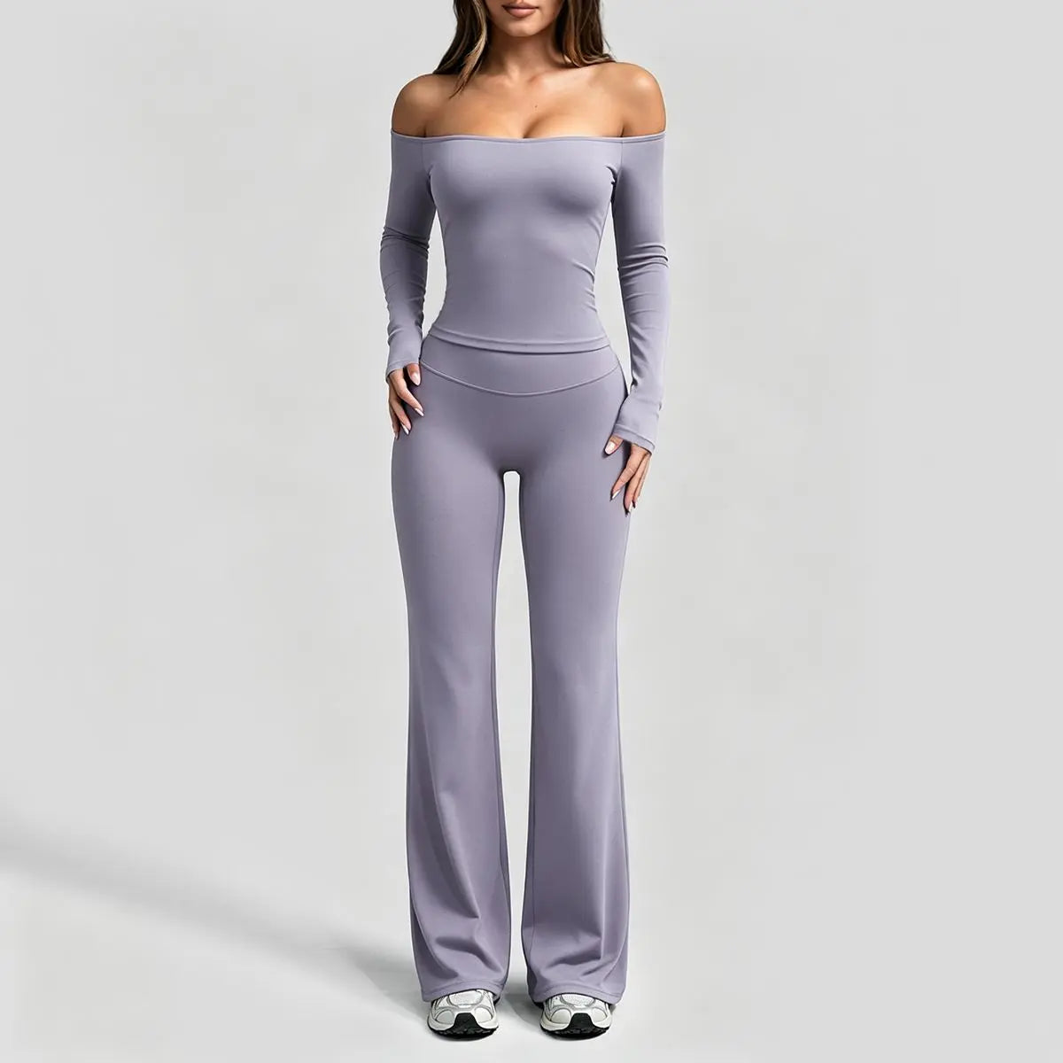 Aoqta Women’S 2-Piece Fitness Gym Set - Quick Dry Off-Shoulder Long-Sleeve Top, Loose High-Waisted Ankle-Length Flare Pants, Women'S Clothes for Workout Activities